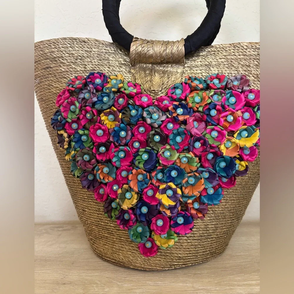 Mexican Handmade Colorful Floral Heart palm Tote Bag - Picture 2 of 6